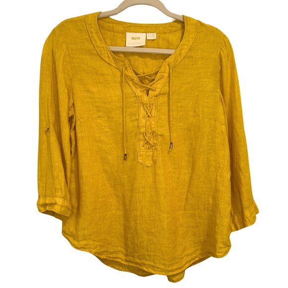 Maeve by Anthropologie Marva Lace Up 100% Linen Top Mustard Yellow US 6 - Picture 1 of 8